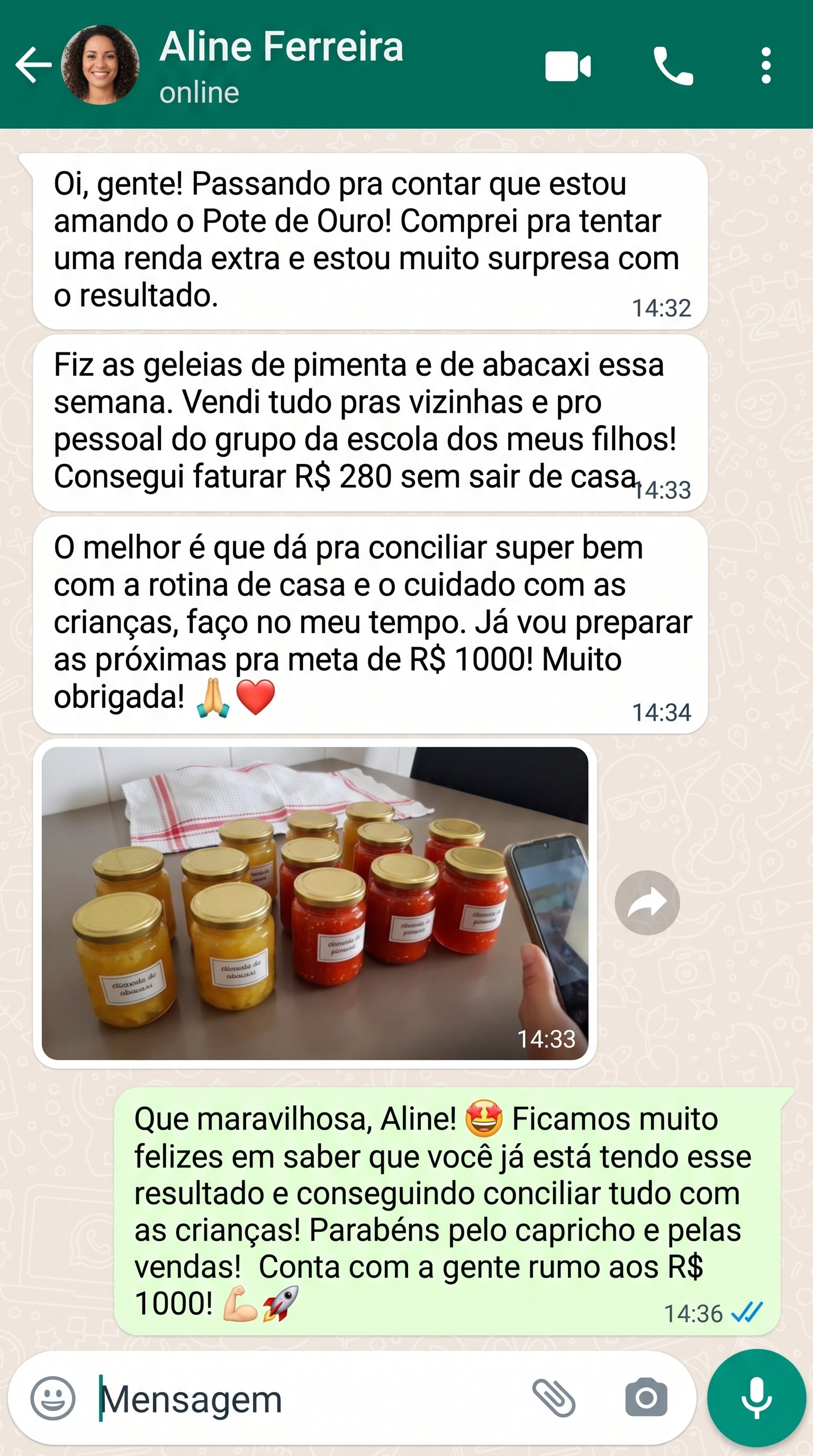 Print de depoimento no WhatsApp da Aline